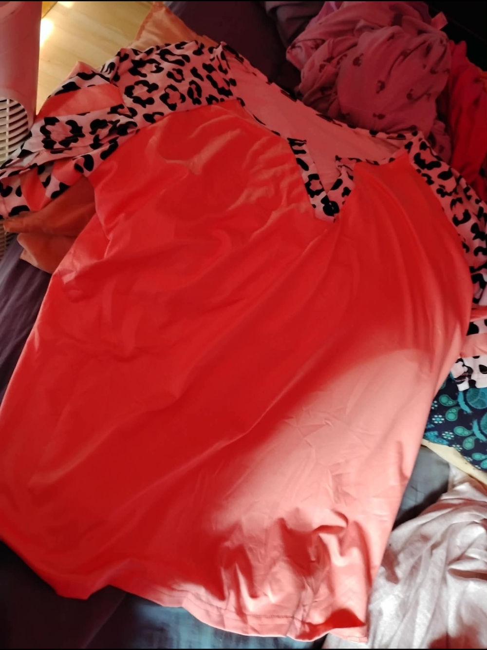 Plus Size Bright Coral Short Sleeve t-shirt with Leopard Trim